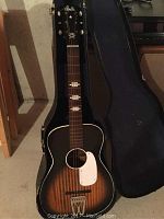 Full front view of guitar in case showing sunburst body, pickguard, trapeze tailpiece