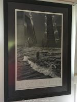 Framed Scott Mutter artwork with surreal ocean and architectural scene in black and white.