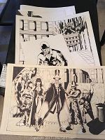 Black and white ink drawing featuring characters in costumes in a city scene.