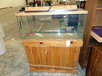Front view of the fish tank on the wooden stand with storage doors visible below and wooden lid with lighting on top.