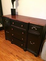 Full view of mahogany sideboard showing two-tone finish, drawers, cupboards, and general condition.