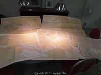 Five vintage British Columbian surveyor maps spread out on table showing different coastal and inland areas with topographic and hydrographic features.