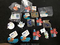 Overview of 15 Olympic pins including Visa and Coca-Cola sponsor themed pins, maple leaf, skiing, and bobsledding motifs.
