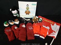 Photo of entire lot showing plush mascot, rubber duckies, mittens, booklet, keychain, pins, spoon, and flag