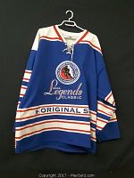 Front view of the hockey jersey hanging on a hanger against a black backdrop. Shows overall colors, stripes, and logos.