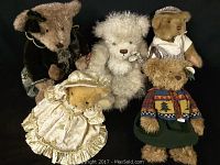 Group photo of five stuffed collectible bears with different outfits and fur colors.