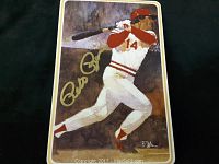 Front view of ceramic plaque showing original artwork of Pete Rose in batting stance with gold signature.