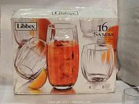 Box packaging for Libbey Samba 16-piece glassware set showing 8 glasses 19oz and 8 glasses 14oz illustration and branding