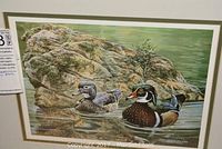 Framed lithograph print showing two wood ducks on a green water background with rocky shoreline.