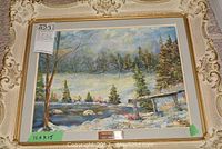 Framed oil painting showing winter landscape 11.5 x 15 inches, with visible frame and part of artwork.
