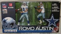 Front view of the original sealed packaging containing two Dallas Cowboys football figures of Tony Romo and Miles Austin with NFL and Cowboys branding.