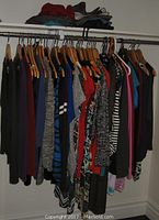 Full view of hanging women's clothing items including tops, cardigans and dresses, all on hangers but hangers not included in the lot.