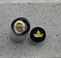 Replica 1929 Boston Stanley Cup ring showing detailed face and branding, placed in a black cylindrical display holder with lid.