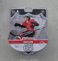 Front view of sealed limited edition 6-inch Erik Karlsson hockey figure in Ottawa Senators uniform.