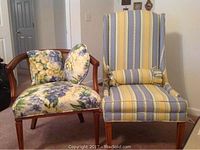 Both chairs shown side by side, one striped and one floral