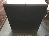 Pair of tall rectangular speakers with black fabric fronts and wood veneer sides.