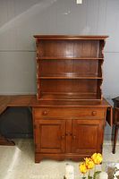 Front view of Vilas buffet and hutch showing the full unit with a flat top hutch, two cabinet doors and drawer buffet, and leaf extended on buffet side.