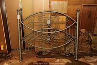 Full metal queen headboard assembly with scrollwork and finials