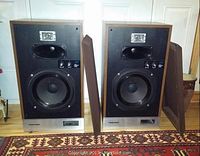 Front view of both Toshiba CS 737 speakers with front covers partially removed, showing the driver layout and wood grain cabinet.
