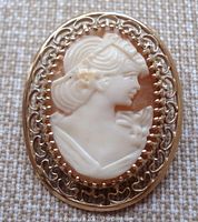 Front view showing shell cameo and open-work gold frame