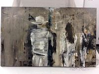 Front view of abstract painting showing three standing figures and signatures