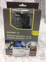 Original retail packaging of Safari HD Action Camera 2.0 with 2 inch LCD, showing branding and promotional images for sports use.