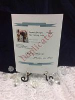 Photo of hairstyling gift certificate for a package of five shampoo and style services, displayed on a black metal stand with decorative clear stones beneath it.