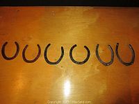 Six old painted horseshoes laid out in a row on a wooden surface, showing variation in colors and shapes.