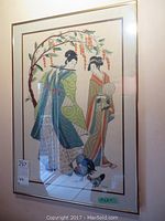 Full view of framed Japanese embroidery art showing two women in traditional dress and chickens, with visible frame and matting.