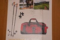 Photo of product information and images showing the red Trekk travel bag and hiking poles with accessories.
