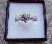 Front view of ring in box showing diamond cluster top
