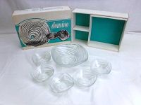Full view of the glass serving bowls set with original box and inner white packaging stand, showing six bowls total (one small bowl missing from original six).