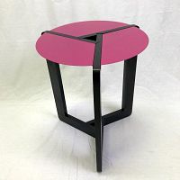 Front view of the purple metal top side table with triangular wooden legs