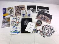 Complete collection displaying sealed Wayne Gretzky autographed CD, Maple Leafs mugs, magazines, pins, keychain, photos, and binder.