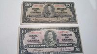 Front of 1937 Bank of Canada $20 and $10 bills, showing King George VI portrait and serial numbers.