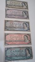 Front of $20, $10, $5, $2, and $1 Canadian banknotes with portrait of Queen Elizabeth II and serial numbers.