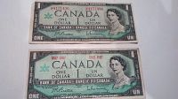 Front view of two 1967 Canadian one dollar bills, one numbered and one unnumbered, showing Queen Elizabeth II and standard bill details.