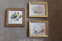 Three framed theorem paintings on cotton velvet by Joan Dunham displayed on carpet. Two feature coastal seashell motifs, one features a yellow bird with thistle.