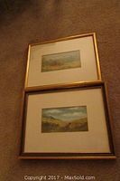 Two framed rectangular landscape paintings stacked on carpet; gold-toned and darker frames.