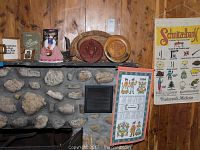 Photo of various German decorative items arranged on and above a stone fireplace mantle with wood paneling background. Shows wooden trays, a calendar, fabric wall hanging, and plaques for sale.