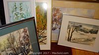 Set of five framed original artworks depicting nature scenes arranged on floor against wall.