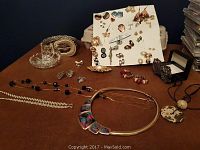 Full spread of costume jewelry on fabric background showing necklaces, earrings, brooches, and pins.