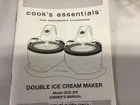 Owner's manual depicting Cooks Essentials Double Ice Cream Maker model QCE-262