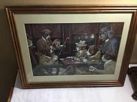 Full view of the framed print titled "His Station and Four Aces" showing dogs playing poker.