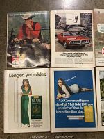 Front covers and back cover advertisements of vintage Playboy magazines from 1969-1975 showing age wear and period advertisements.