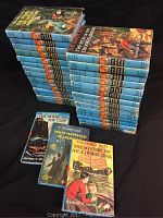 Photo showing a stacked display of 32 Hardy Boys hardcover books, spines visible with light blue background and black title sections, colorful illustrated dust jackets on top and front books.