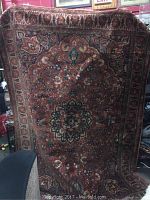 Full view of rug hung vertically showing overall design, color and fringe