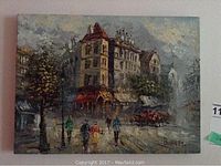 Full view of oil painting on canvas showing urban scene with buildings, pedestrians, and trees.