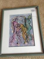 Frontal view of the framed abstract nude pastel artwork showing the figures and frame.