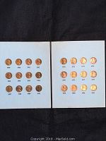 Two white cards each holding a set of Lincoln pennies from 1959 to 1982 arranged chronologically.